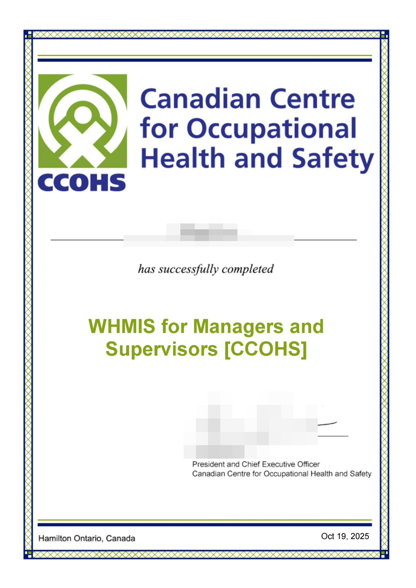 CCOHS WHMIS for Managers and Supervisors Certificate