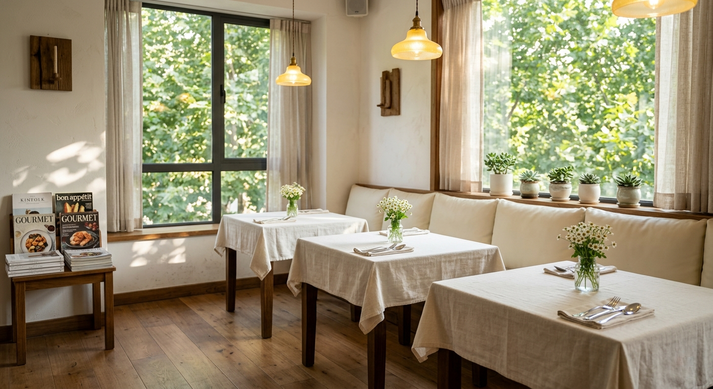 Spotless restaurant dining room ready for service